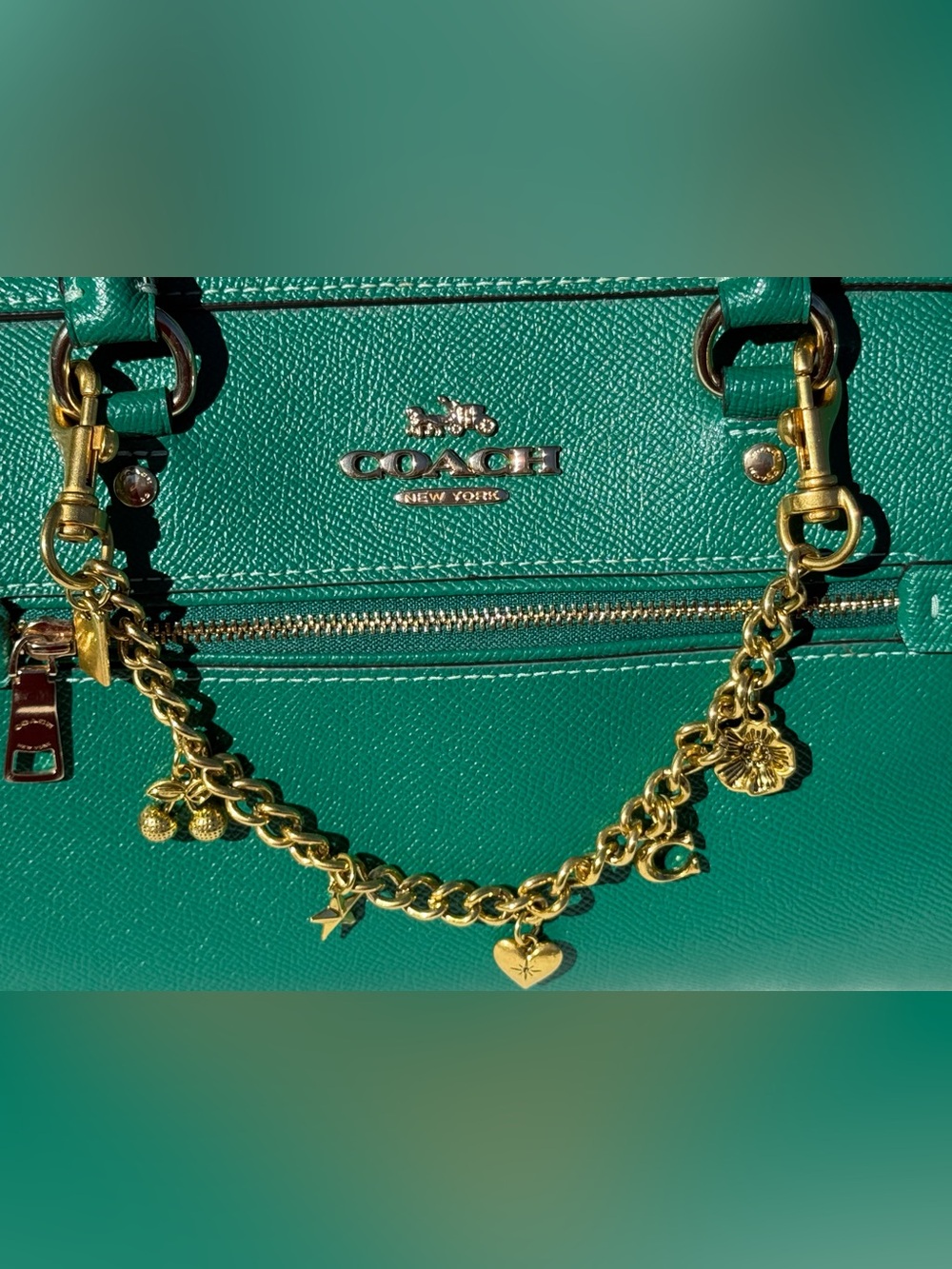 Coach Emerald Green Leather Medium Rowan with Gold Charm Chain. - Picture 12 of 14